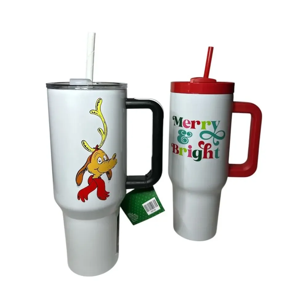 2- New 40 oz Stainless Steel Tumblers Christmas Cups Grinch Max, Merry & Bright